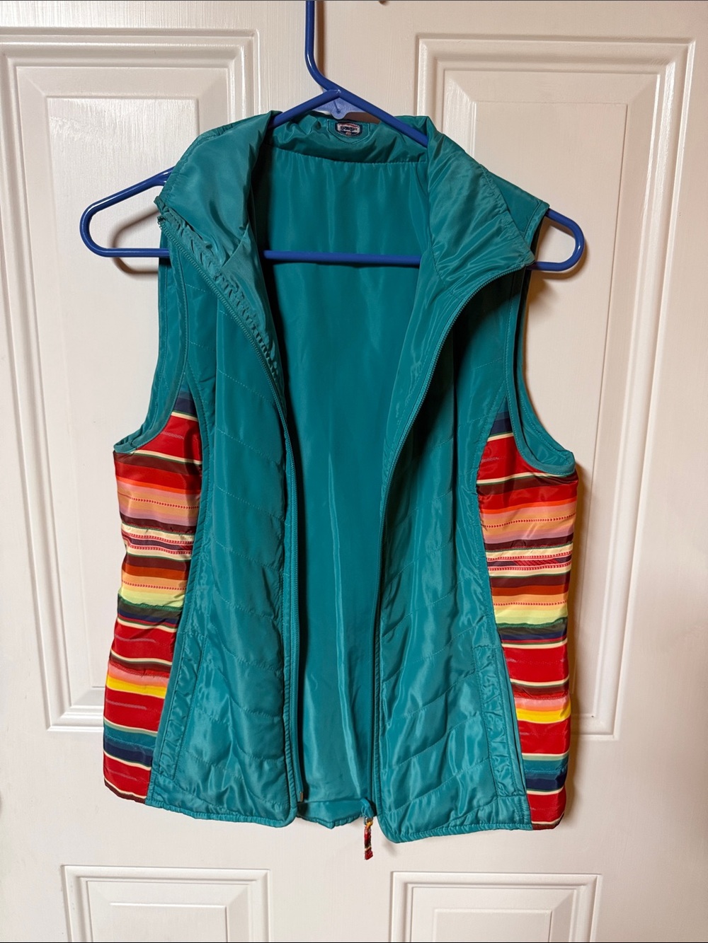 STS Ranchwear Teal Quilted Vest with Multicolor Stripe Panels